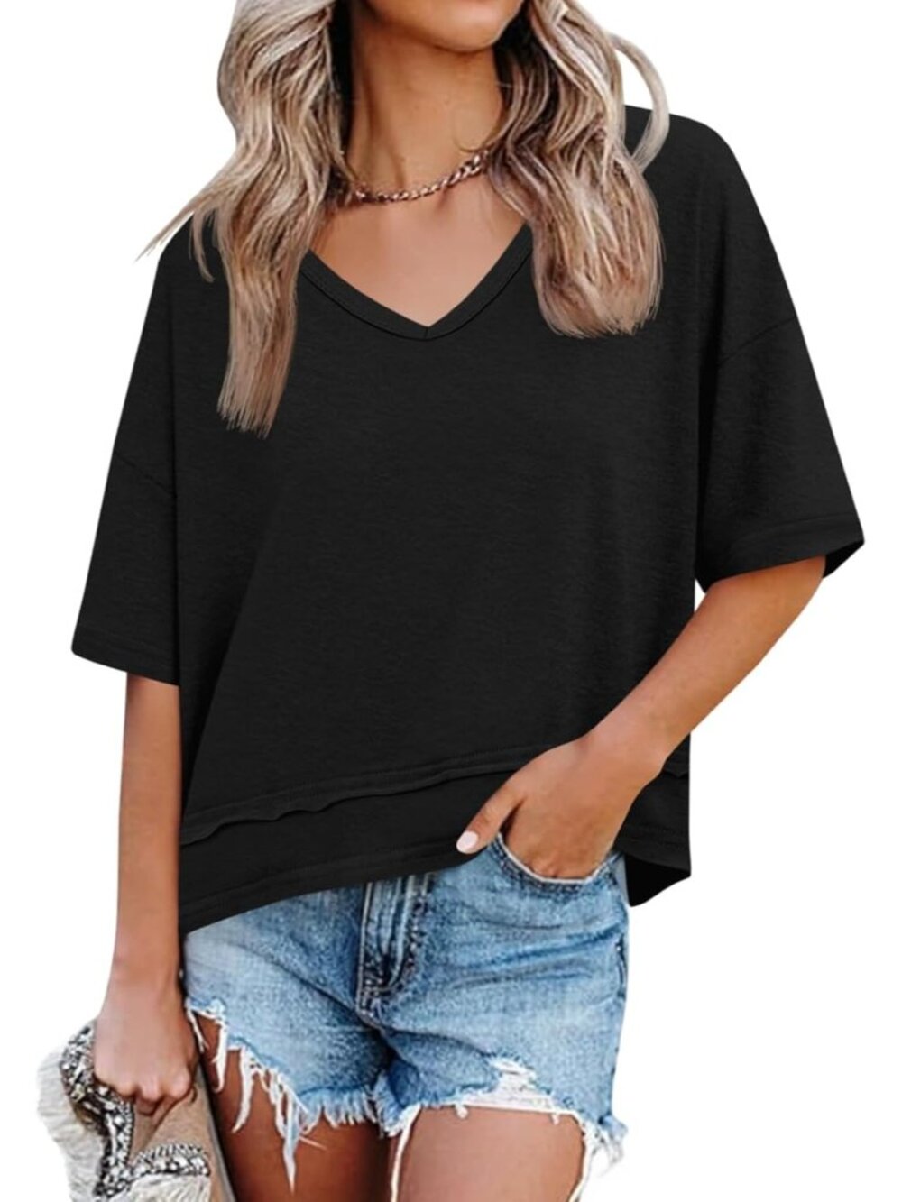 Women's Black Summer V Neck T Shirts Casual Short Sleeve Tops Cute Loose